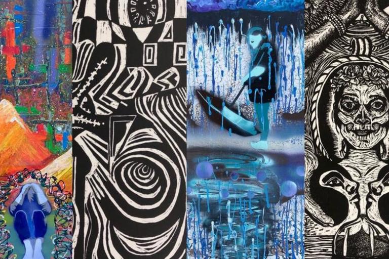 colorful paintings and black and white prints