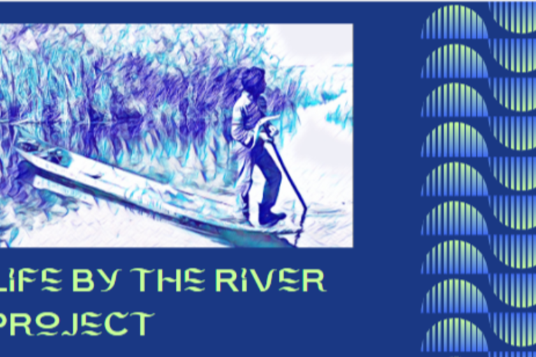 Painting of a young boy in a canoe followed by the text &quot;Life by the River Project.&quot;